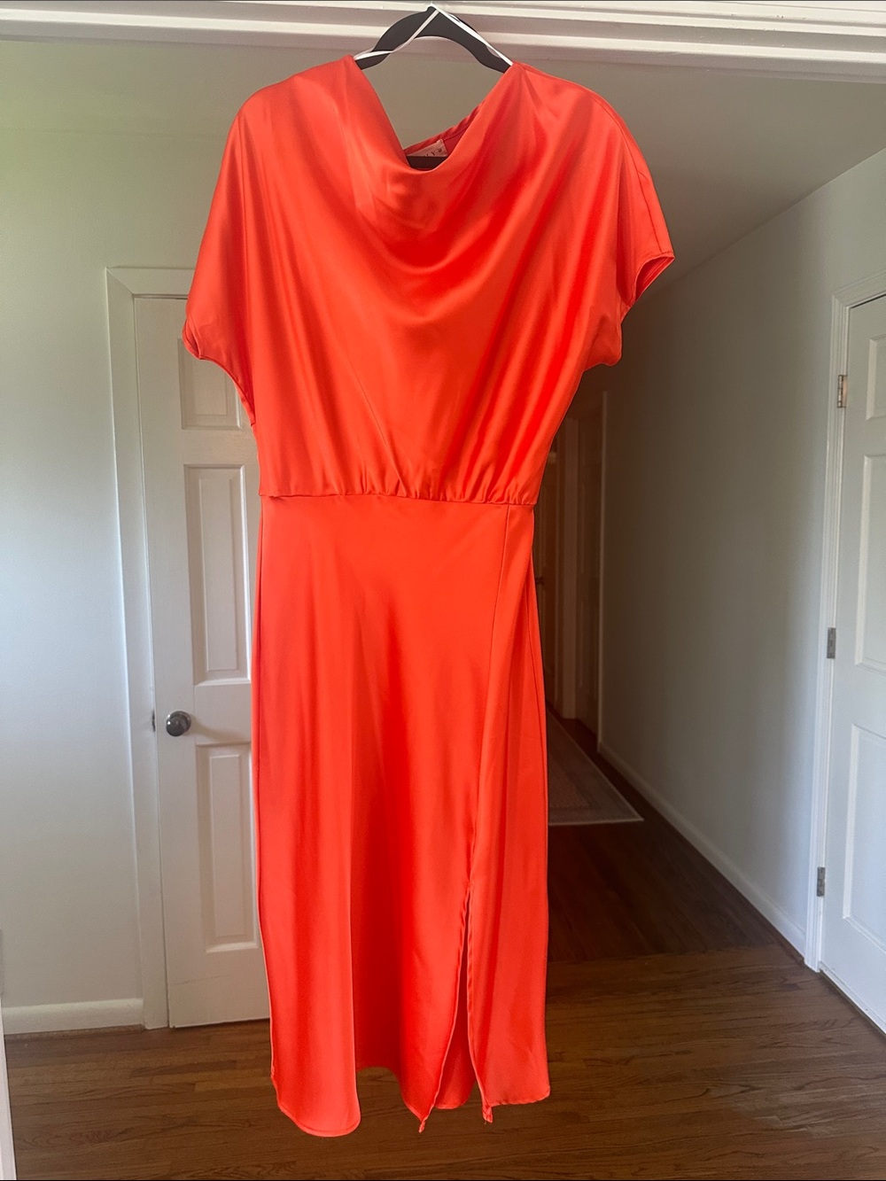 Elegant Orange Midi Dress with Drape Neck